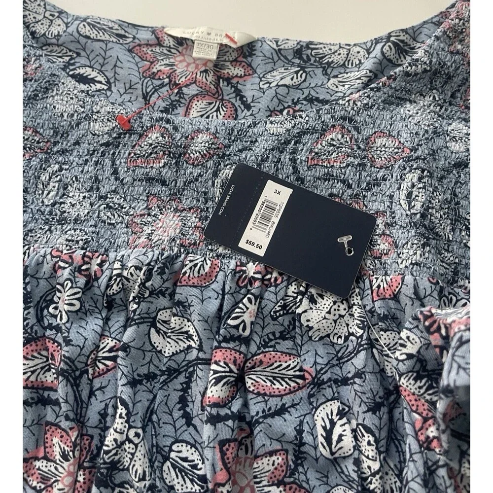 Lucky Brand Women 3X Blue Pink Floral Boho Peasant Blouse Smocked Yoke Plus Size - Picture 8 of 13